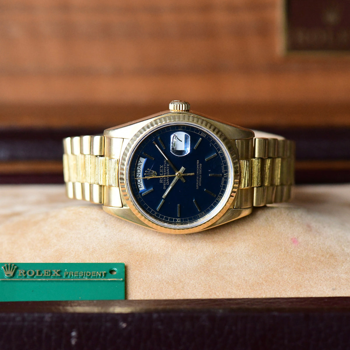 Rolex Day-Date Blue Dial 18038 Solid Gold 18K 1982 Bark Finish President - Boxed