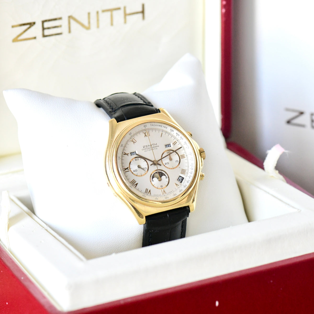 Zenith El Primero Moonphase Triple Date Calendar 18k Solid Gold Chronograph Watch - Boxed