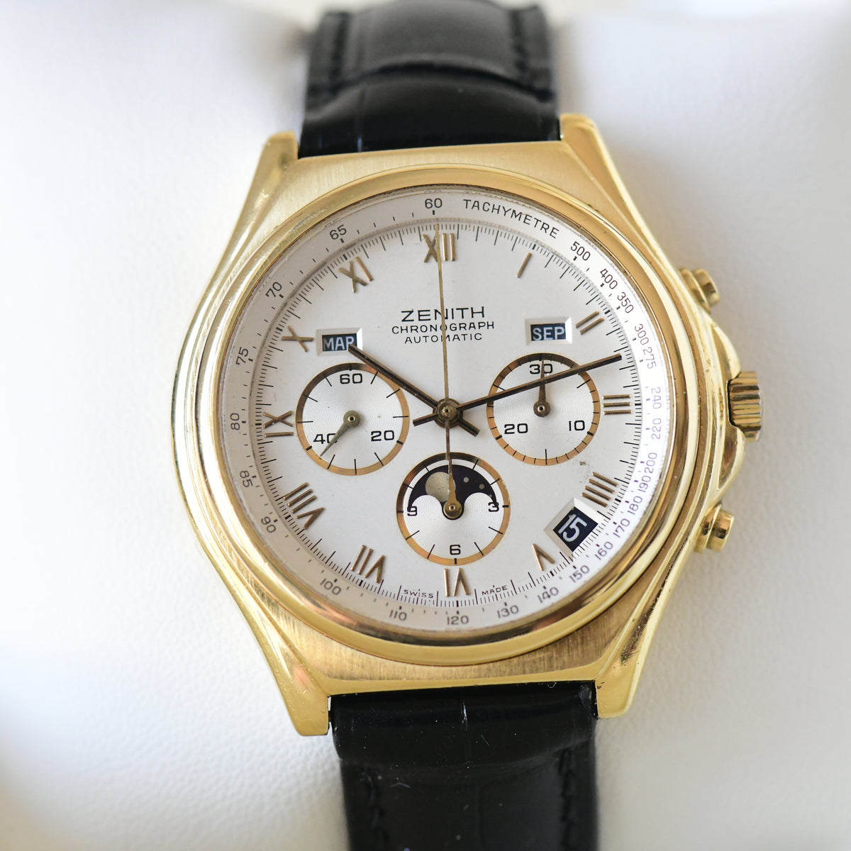 Zenith El Primero Moonphase Triple Date Calendar 18k Solid Gold Chronograph Watch - Boxed
