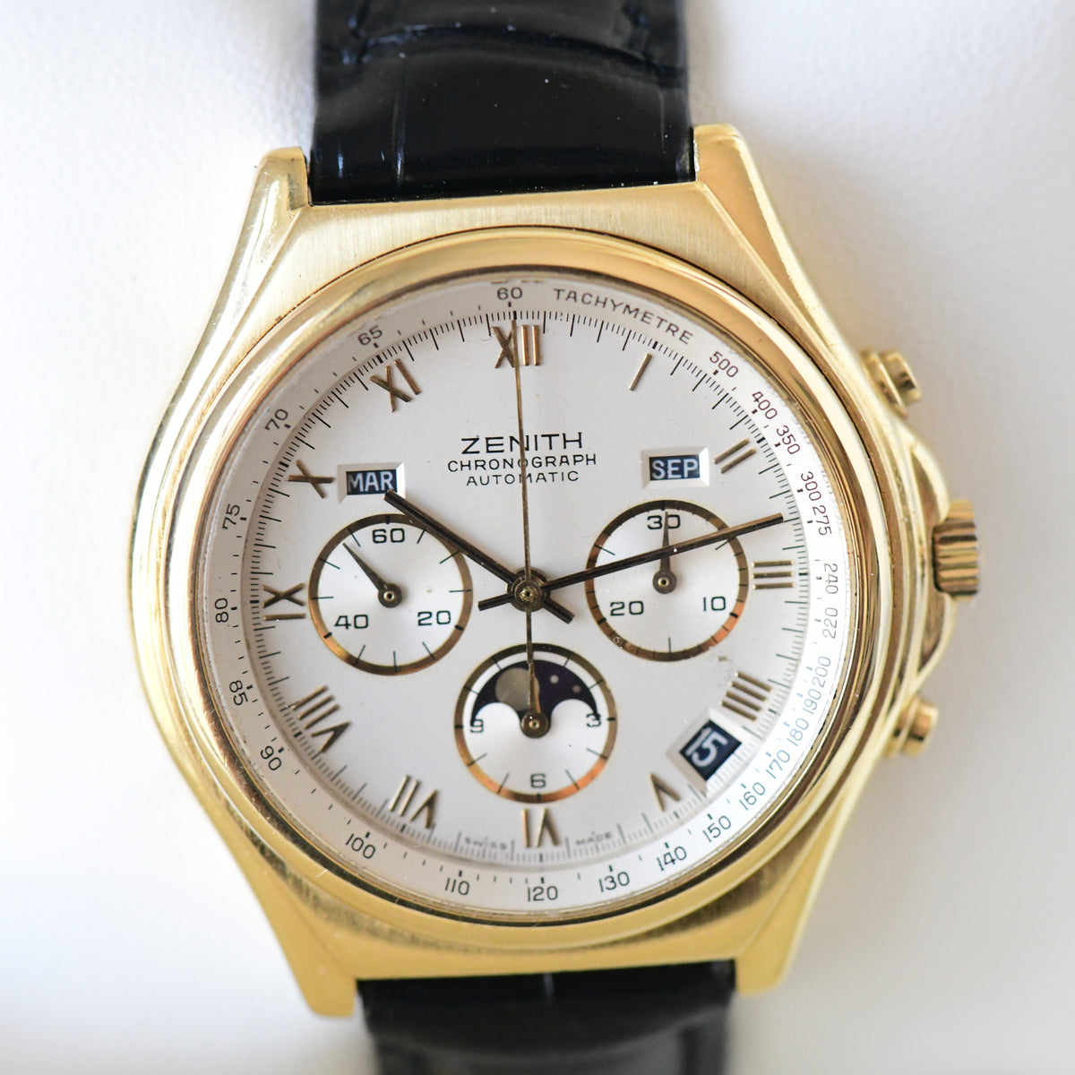 Zenith El Primero Moonphase Triple Date Calendar 18k Solid Gold Chronograph Watch - Boxed