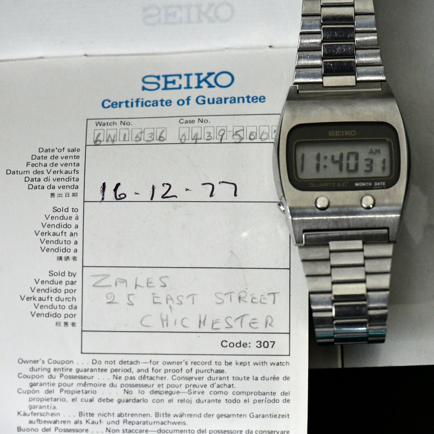 Seiko Quartz LC Vintage 1977 LCD Men's Stainless Steel Watch 0439-5007 w/ Papers