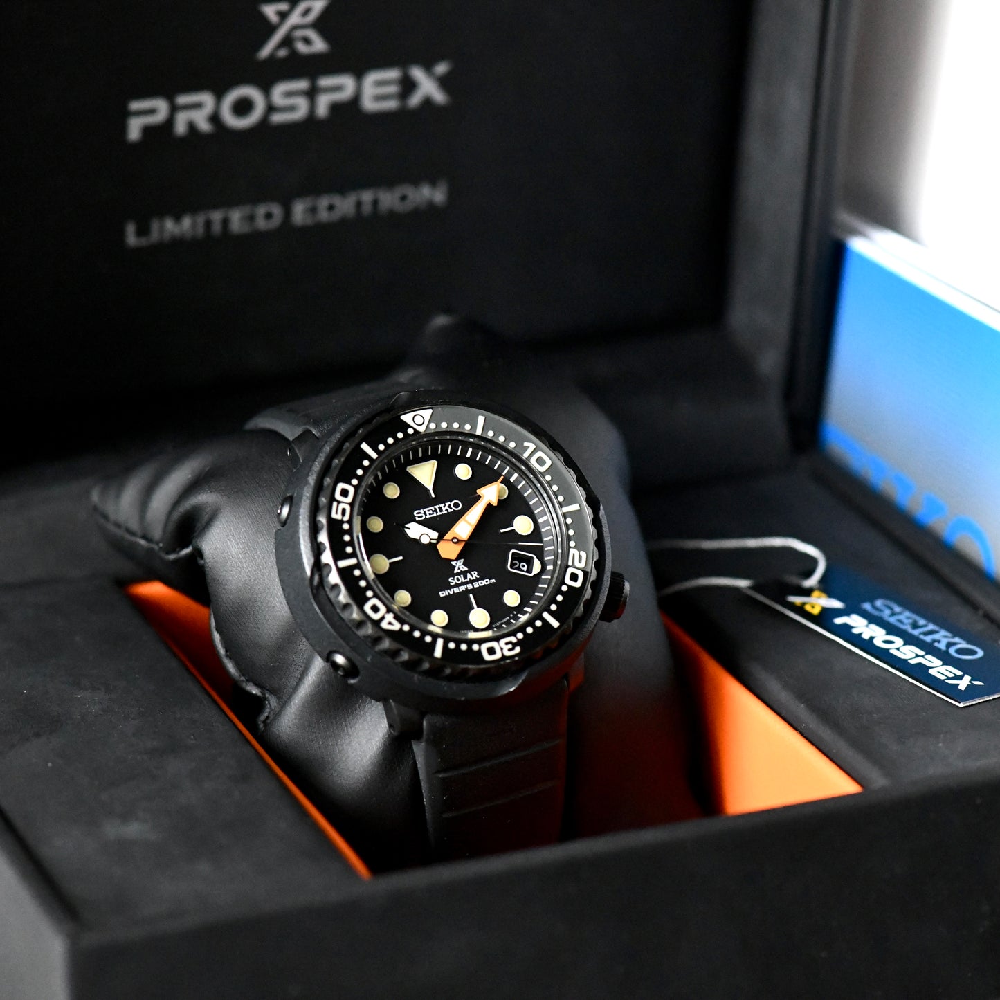 Seiko Tuna Black Series Limited Edition Solar Prospex Dive SNE577P1 Box & Papers