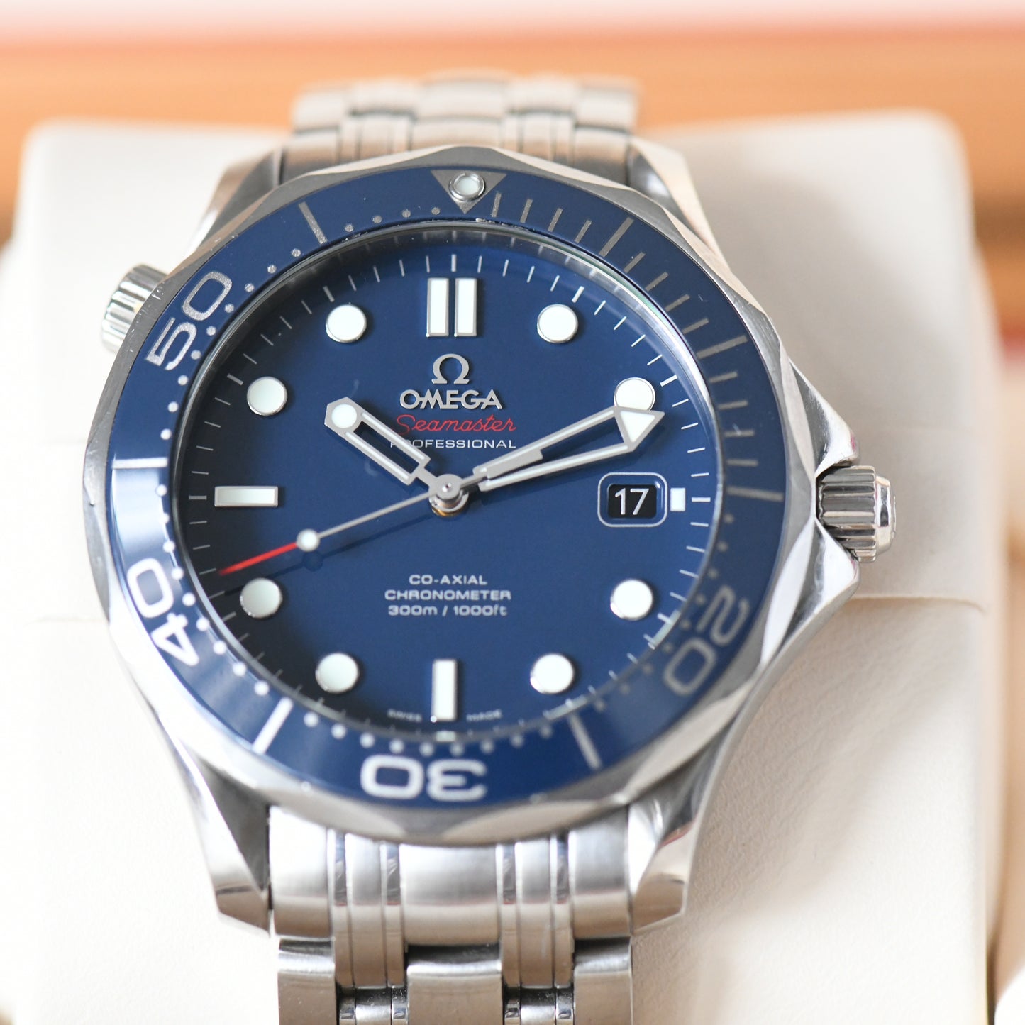 Omega Seamaster Pro 300m Blue Ceramic Bezel Co-Axial 41mm Automatic Watch B&P
