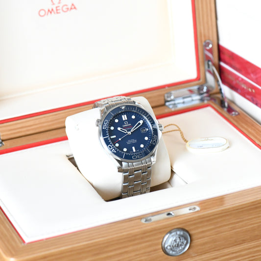 Omega Seamaster Pro 300m Blue Ceramic Bezel Co-Axial 41mm Automatic Watch B&P