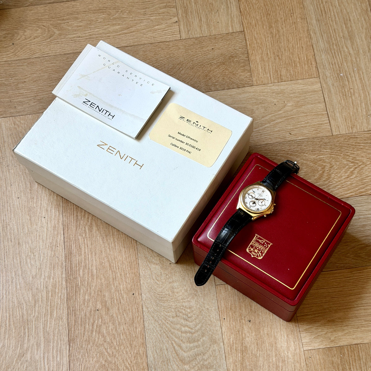 Zenith El Primero Moonphase Triple Date Calendar 18k Solid Gold Chronograph Watch - Boxed