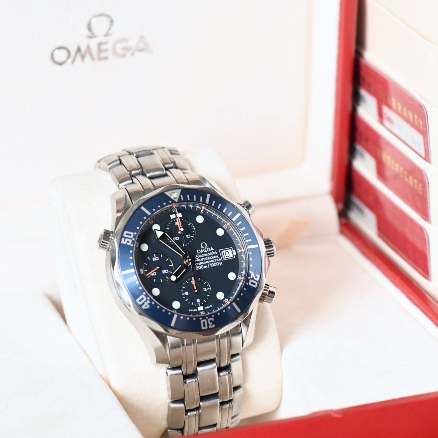 Omega Seamaster 300m Chronograph Dive Watch Blue Dial - 2599.80 - Boxed & Papers